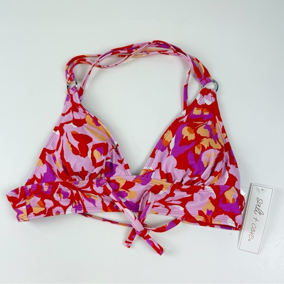 Salt + Cove Bikini Top Juniors Medium Red Pink Multicolor Triangle X Back NWT - Picture 1 of 7